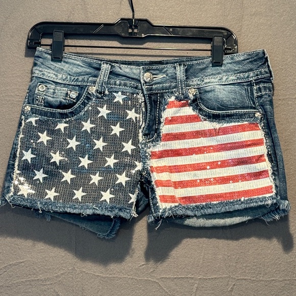 Miss Me Blue Star and Stripes Sequin Jean Shorts - Picture 1 of 4